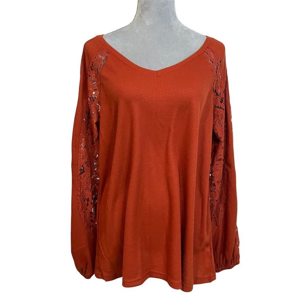 Southern Grace Women's V Neck Orange Lace Accent Blouse Top L Fall Lightweight